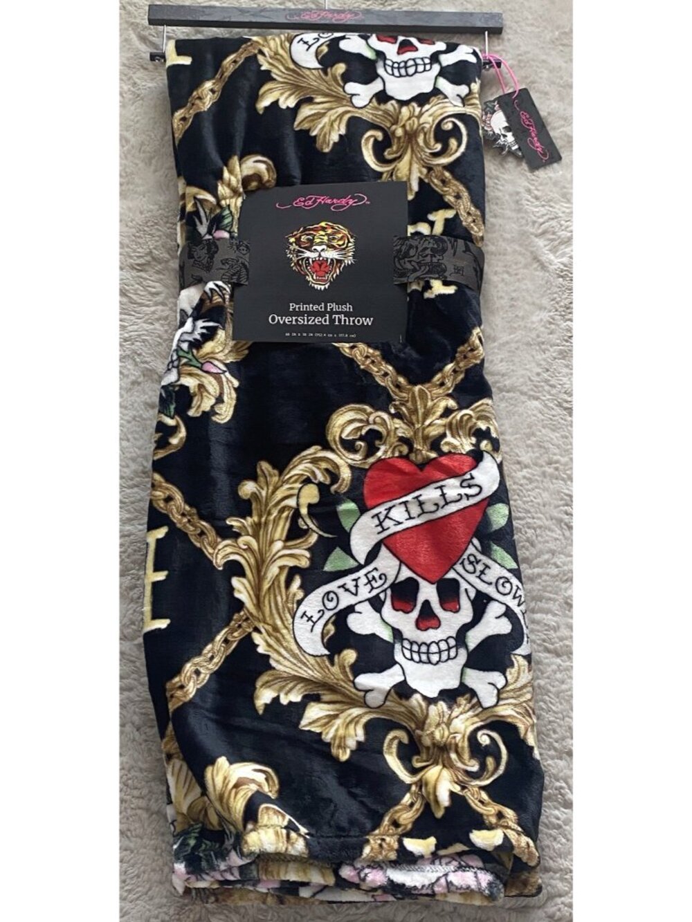 Ed Hardy Love Kills Slowly Skull Printed Plush Oversized Throw Blanket 60” X 70”